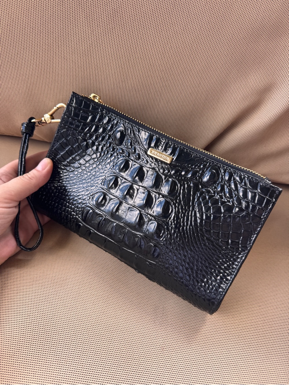 Brahmin Black Melbourne Croc Embossed Leather Wristlet Clutch Zip Pouch - Picture 6 of 14